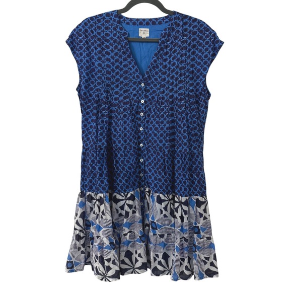 Marea by Liz Joy Dress XS Blue Geometric Tiered Cotton Mini Resort Vacation